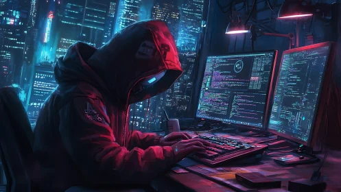 Hooded computer operator at dual monitors in neon cityscape.