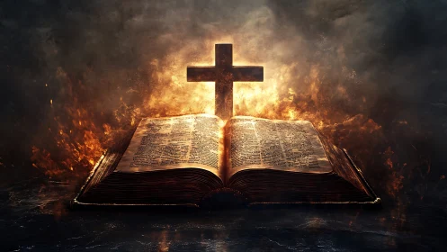 Fiery scripture altar beneath a glowing cross of embers.