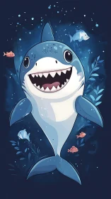 Smiling cartoon shark surrounded by small colorful fish.