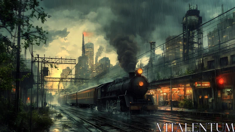 Rain-soaked night train carves steam through neon city haze