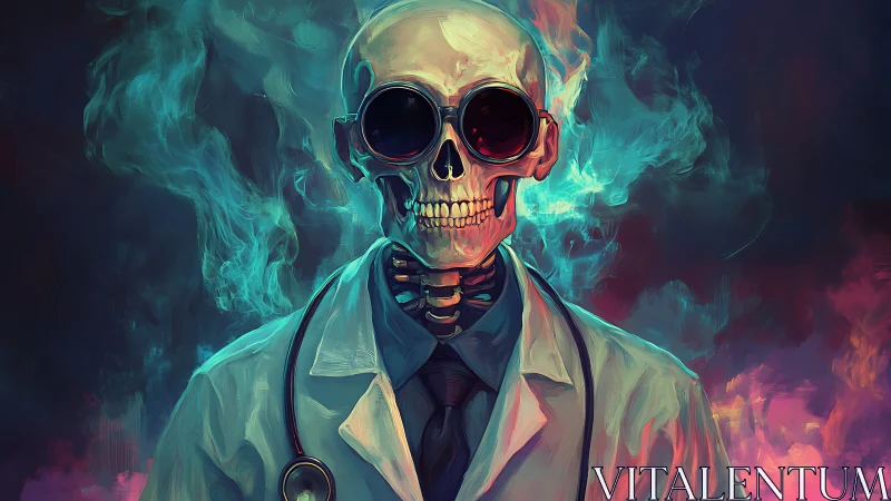 Neon smoke skull doctor portrait in surreal lab coat.
