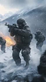 Armed infantry squad advances through blizzard under hostile fire
