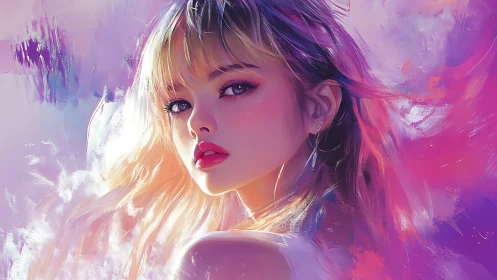 Luminous portrait of a young woman in high-saturation digital paint