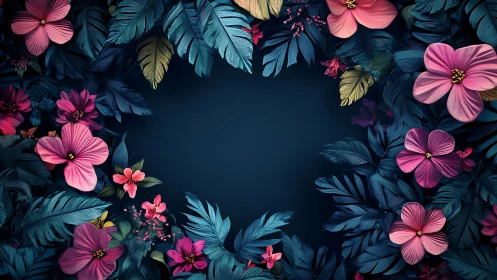 Pink Cosmos Flowers Frame Dark Navy Background