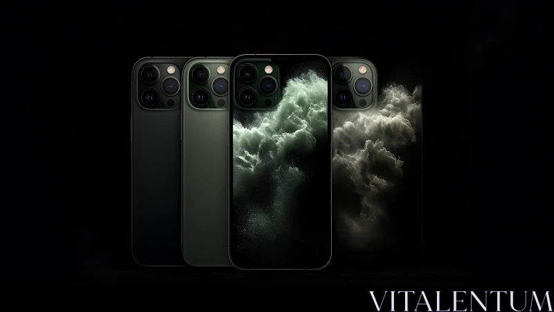 Dark smartphone lineup with cloud display on center unit.