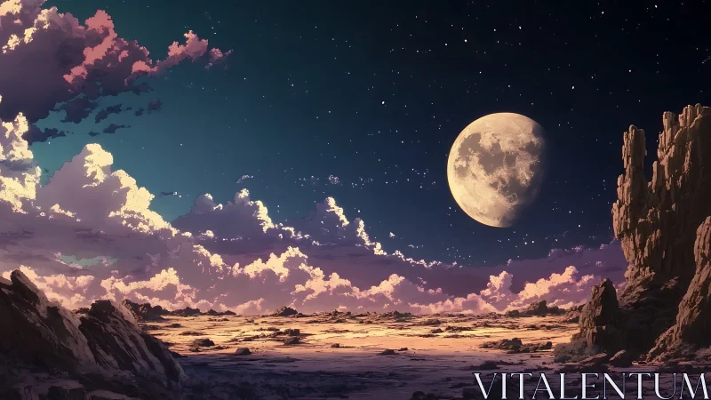 Moonlit alien desert under vivid nebula clouds at dusk.