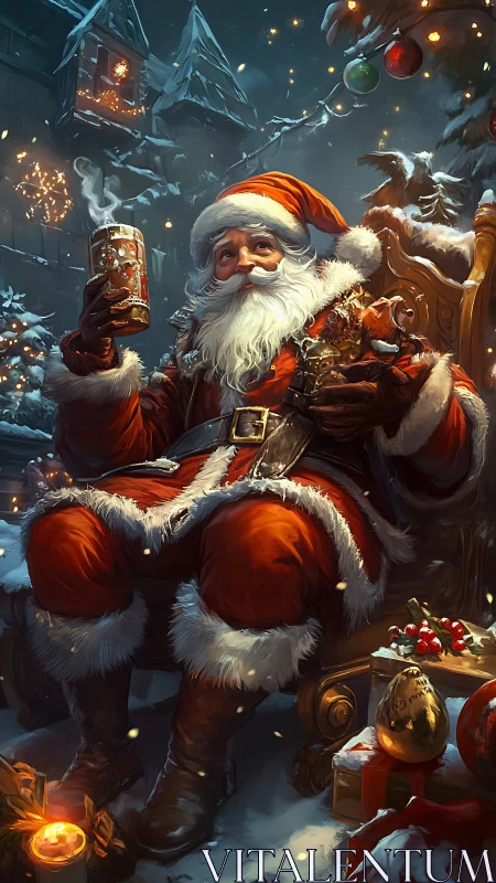 Santa savors cocoa by firelit snow, wrapped in storybook cheer.