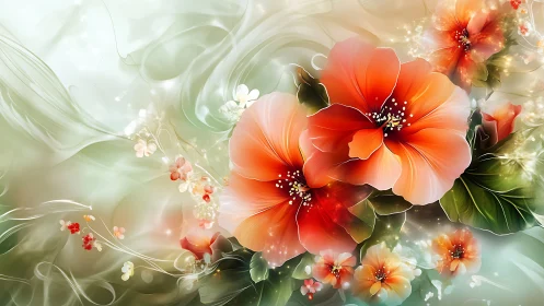 Digital Flowers with Glowing Light Effects and Soft Gradient.
