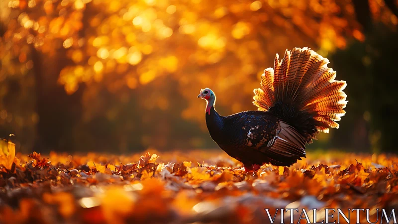 Wild turkey struts through glowing autumn leaves at sunset.