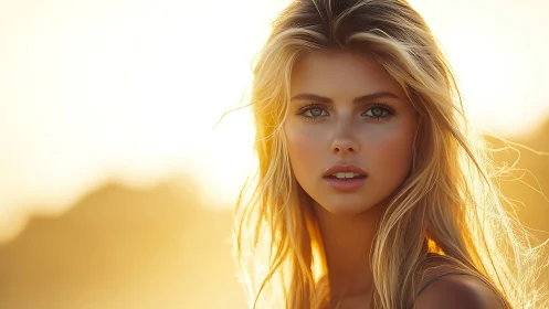Sunlit portrait of a serene blonde woman at golden hour.