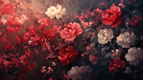 Vibrant Peonies and Red Roses Bloom in Moody Floral Garden.