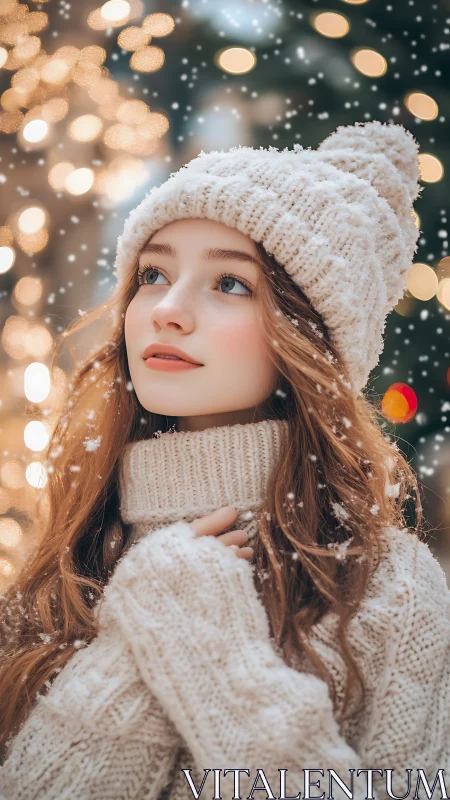 Soft winter daydream under twinkling holiday lights.