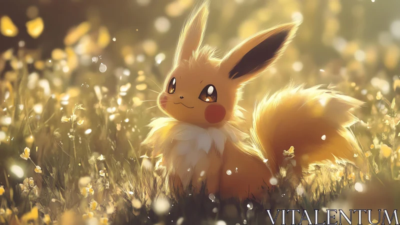 Sunlit foxlike creature resting in glowing meadow scene.