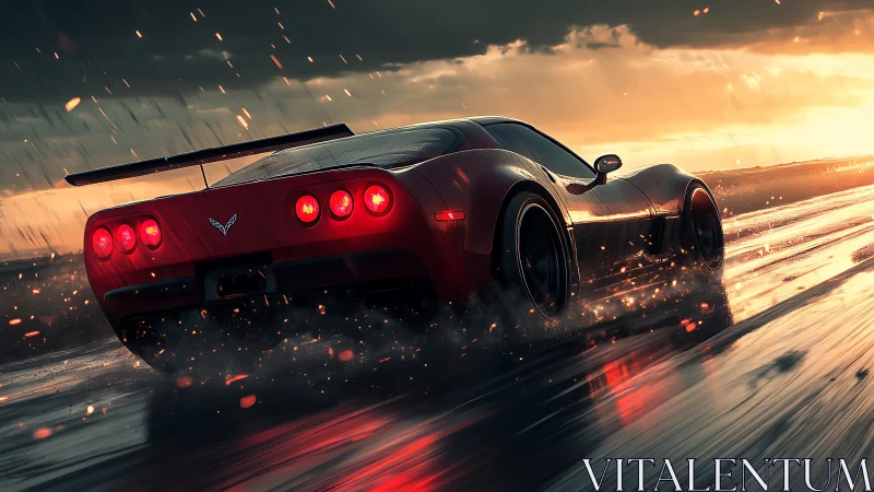Red sports car powers through wet road at sunset rain.