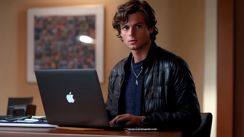 Young professional at laptop in softly lit modern office workspace