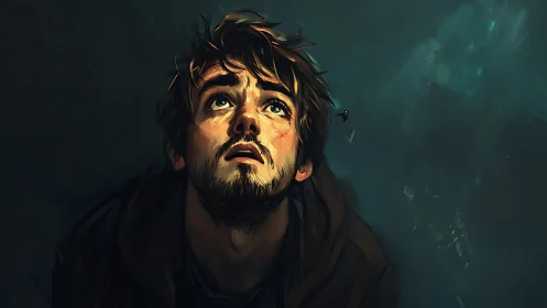 Bearded young man looks upward in moody digital lighting