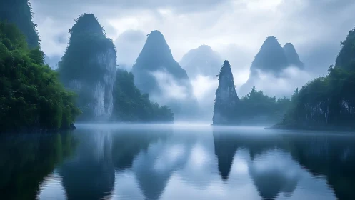 Misty karst peaks mirrored in a calm, dreamlike river.