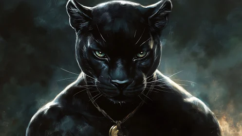 Black panther portrait with luminous amber eyes rendered in dramatic chiaroscuro