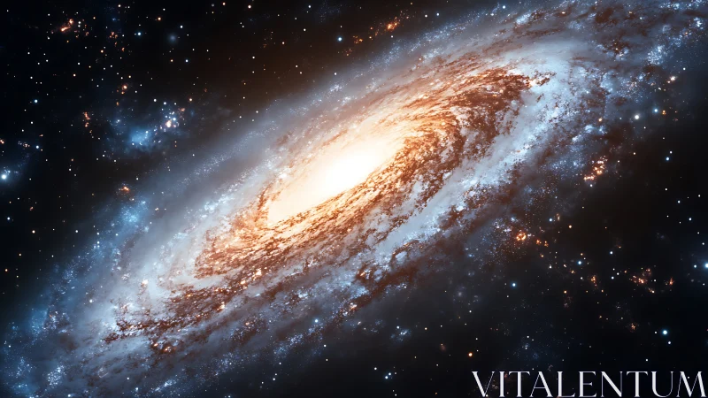 Spiral galaxy rendered with luminous core and ionized dust arms