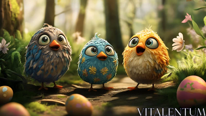 Three stylized birds stand in a sunlit forest path