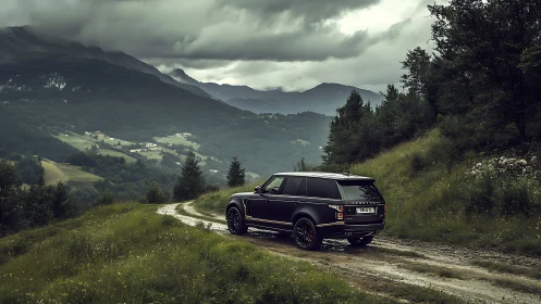 Luxury SUV navigates misty mountain track under storm clouds