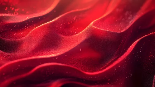 Flowing red silk fabric with glitter, abstract close-up style.