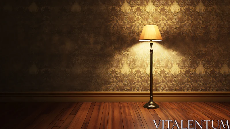 Warm floor lamp glows softly against ornate vintage wall