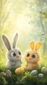 Adorable Easter bunnies share a glowing spring meadow moment