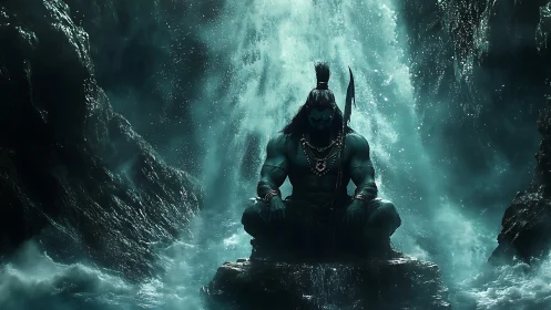 Mythic warrior meditates beneath volumetric waterfall light