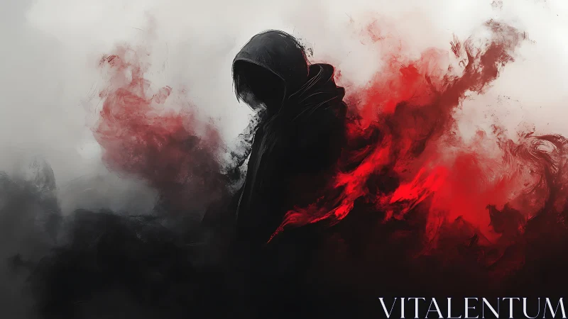 Hooded figure in dark smoke and red swirling mist.