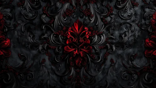 Velvet red flourishes curling through midnight shadows.