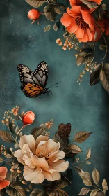 Monarch butterfly hovering above vintage teal florals.