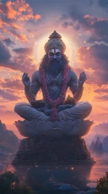 Colossal meditative deity statue on lotus pedestal in volumetric sunset