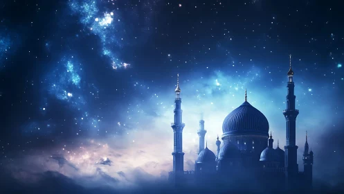 Moonlit celestial mosque beneath luminous starfield sky.