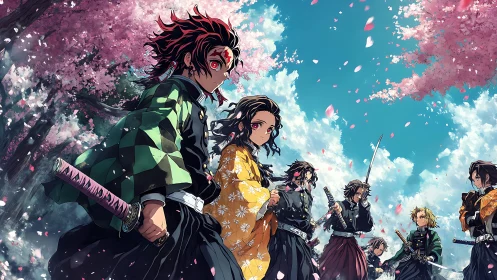 Anime swordsmen under cherry blossoms in dramatic lineup.