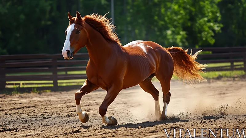 Chestnut horse gallops through sunlit outdoor arena.