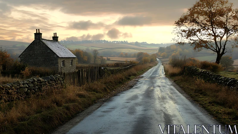 Wet country lane beside stone cottage at autumn dusk.