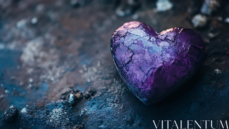 Purple heart-shaped stone on textured blue-dark ground surface.
