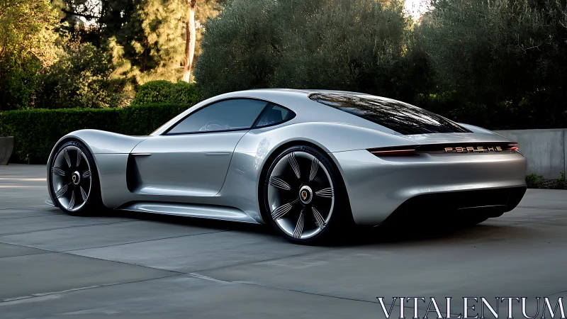 Sleek silver sports car rests in a tranquil modern driveway