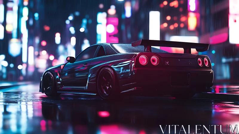 Neon‑lit tuner coupé under nocturnal rain, rear perspective.