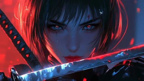 Blade-lit gaze of the crimson-eyed cyber samurai in fury.