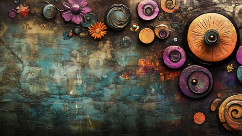 Textured floral circles on teal and rust abstract wall art.