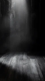Directional spotlight cuts through smoke onto dark wooden floor