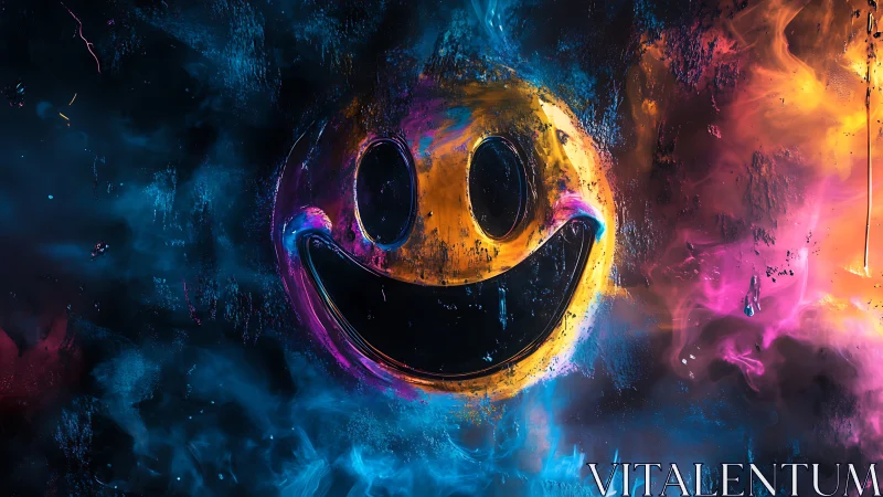 Neon smiley face glowing through swirling cosmic color storm.