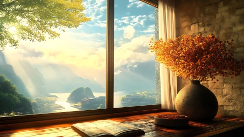 Sunlit studio window overlooking river valley panorama.