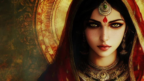 Symmetric digital portrait of jeweled woman with aureate halo.