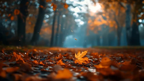 Single maple leaf on forest path in soft autumn light.