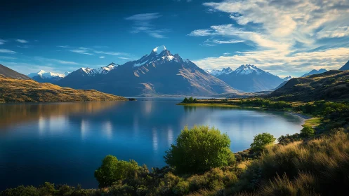 Snowcapped mountain range reflected in calm blue lake.