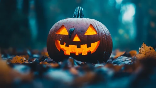 Grinning jack-o’-lantern glows on a misty forest floor.