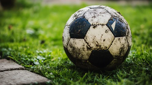 Mud stained soccer ball rests on damp backyard grass